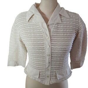 RAYURE‎ PARIS White Textured Button Up Cropped Collar Shirt Top Size 44